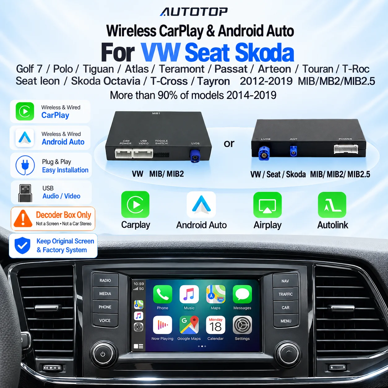 Interfaccia CarPlay Wireless AUTOTOP per Seat Leon, Skoda, VW Volkswagen Golf 7, Passat MIB, MIB2, Supporto Mirror Link, Navigazione, Bluetooth, Modulo Decoder Android Auto, Adattatore CarPlay