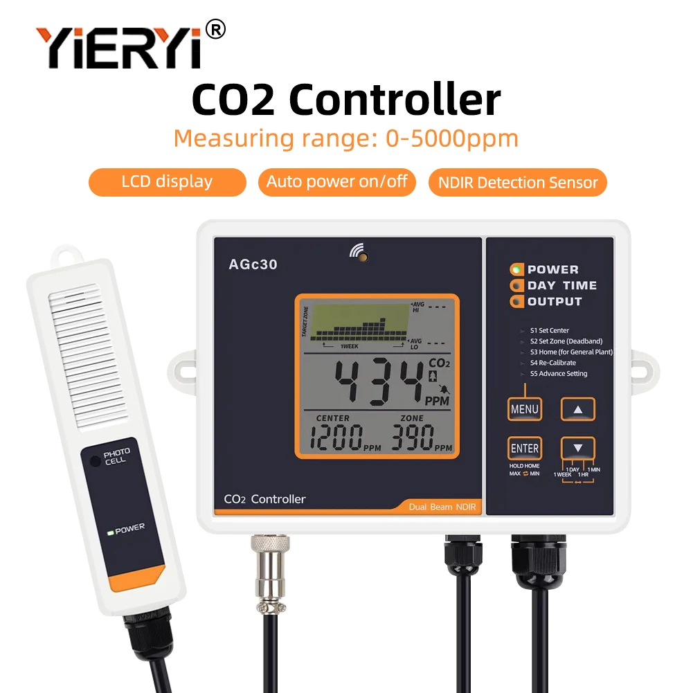 CO2 Controller Monitor AGc30 With NDIR Sensor For Greenhouse Hydroponics Ventilation System 5000ppm LCD Display Timer Auto
