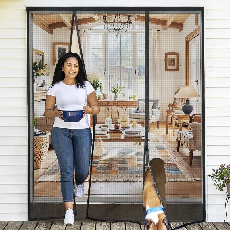 Moustiquaire magnétique noire pour porte, taille personnalisée, maille Invisible, anti-insectes, rideau de porte à fermeture automatique, été