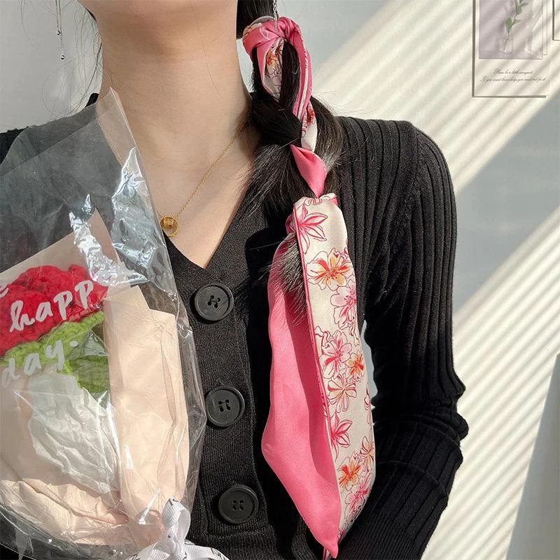 1/4pcs ZYFHTT Pink flowers Diamond pattern ribbon Silk scarf elegant turban headband for women Versatile Fashion Girl headscarf