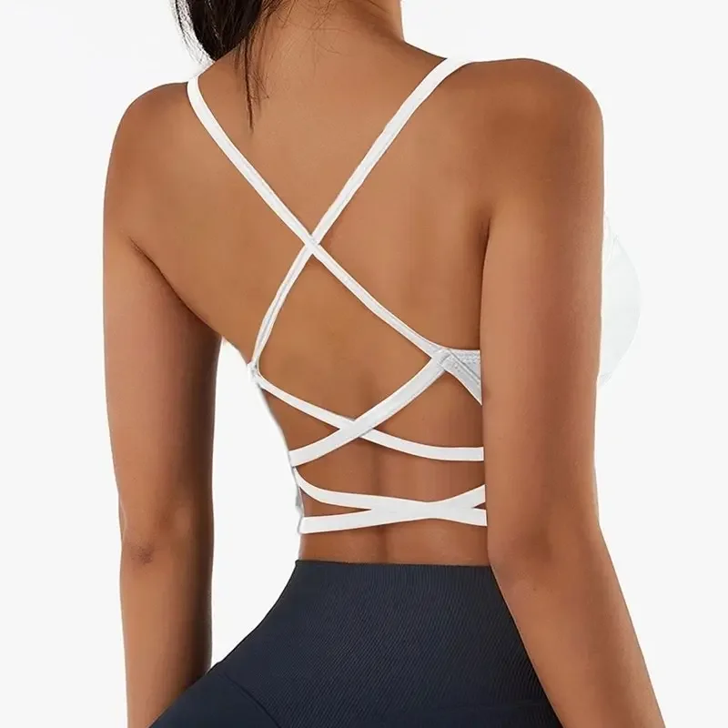 Soutien-gorge Push-Up respirant à bretelles croisées pour femme, haut court de sport, yoga et fitness
