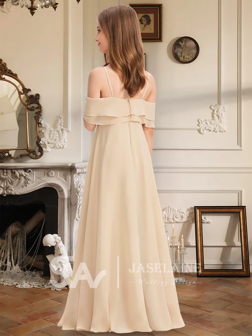 Платье подружки невесты для юниоров, шифоновое платье трапециевидной формы с открытыми плечами, длиной до пола, с каскадными оборками, платье с цветочным узором для девочек, официальная свадьба для девочек