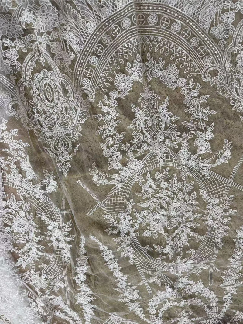 Unique Off White Mesh Embroidery Floral High Quality Bridal Lace Fabric DIY Sewing Accessories Fabric Clothes