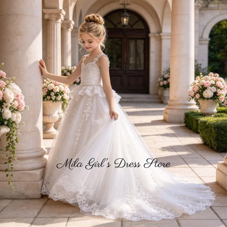 Elegant White Lace Flower Girl Dresses For Wedding Spaghetti Strap Appliques Long Train Tulle Litter Princess Dress Customized