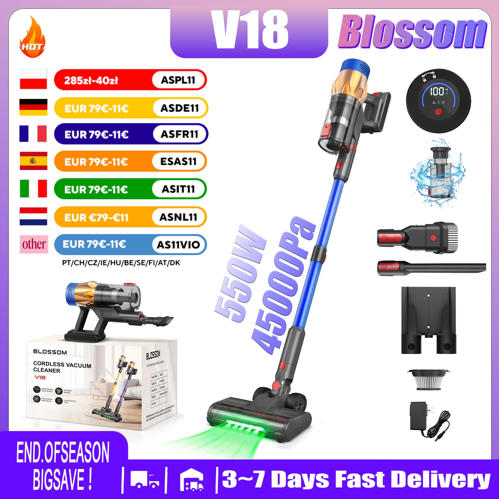 Blossom V18 Aspirateur Sans Fil 550W 45PA Puissant avec Écran LED Brosse Anti-Emmêlement Batterie Amovible 1.5L pour Poils d'Animaux Sol Durs Tapis Maison Voiture