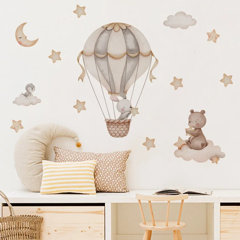 Dessin animé ballon à Air chaud animaux ours lapins Stickers muraux pour chambre d'enfant garçon chambre décoration pépinière bébé chambre décoration décalcomanie