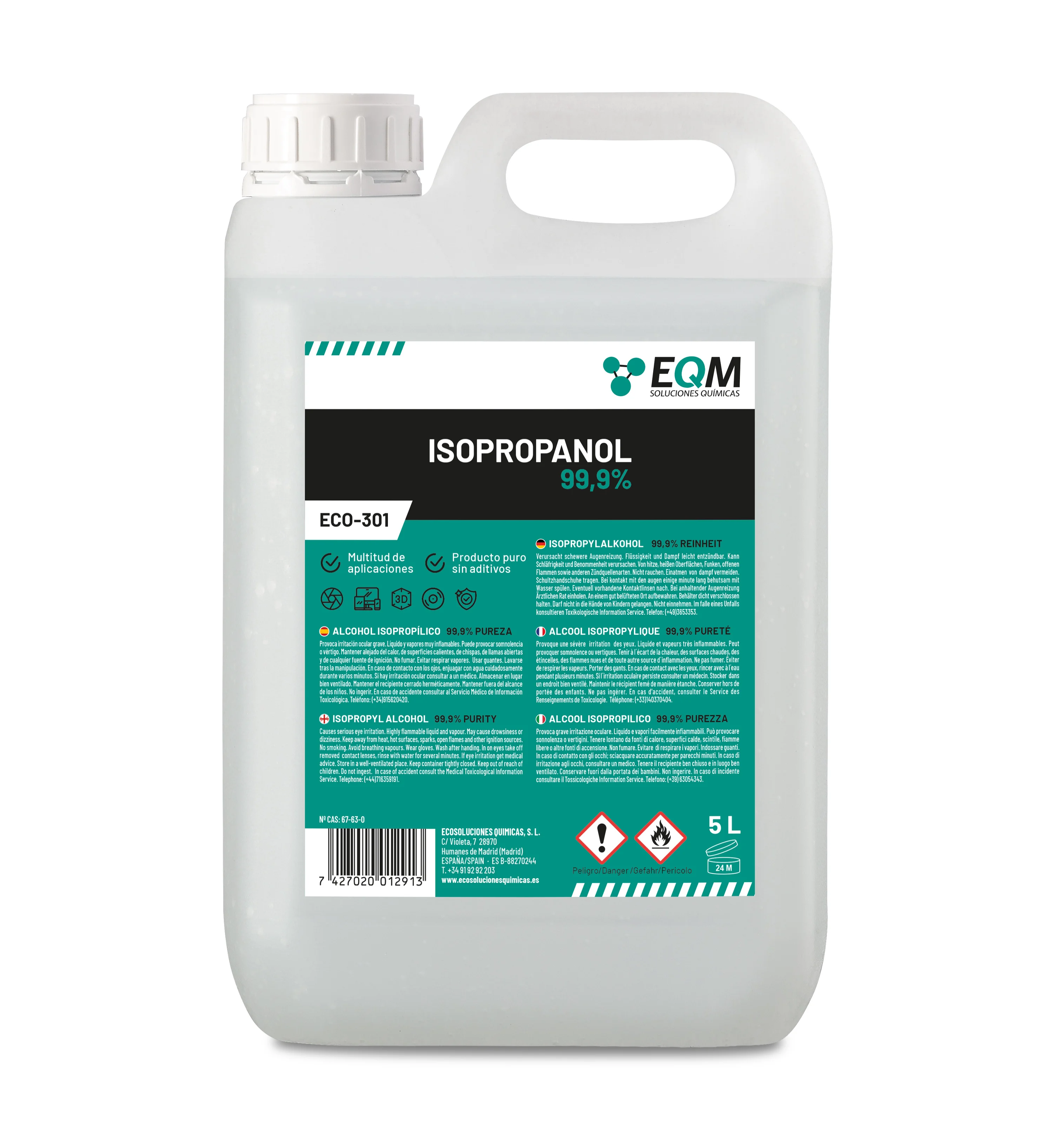 EQM - ECO-301 - Alcohol Isopropílico 99,9% - Isopropanol - Limpieza electrónica, pantallas, impresión 3D, limpiacristales