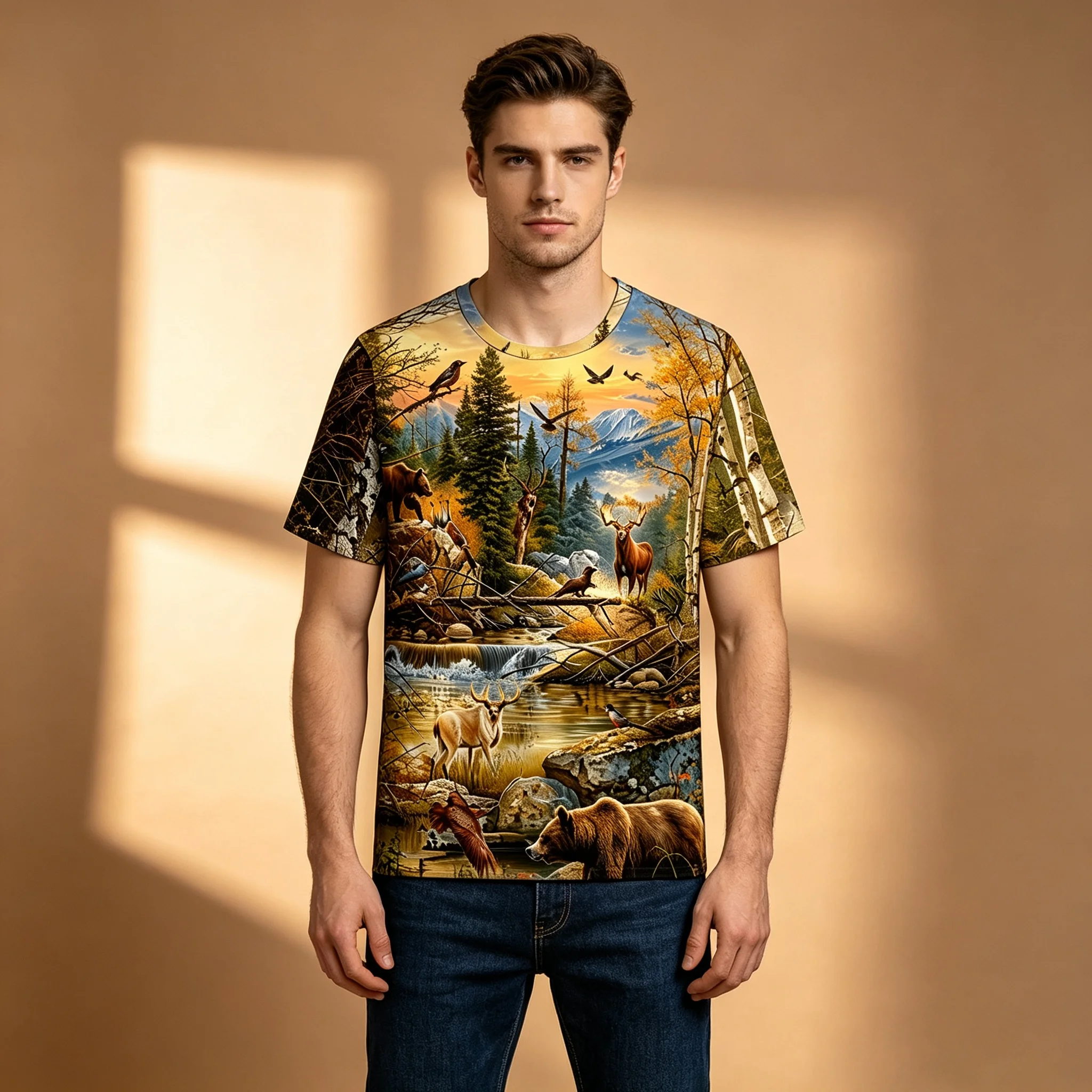Men Wildlife Forest Bear Deer Bird Print T-Shirt Mountain Sunset Nature Landscape Short Sleeve Hunting Casual Tee