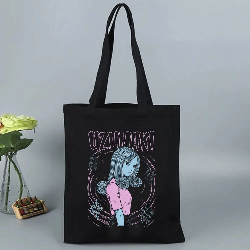 Junji Ito Japanese Anime Manga Canvas Tote Shoulder Bags Women Harajuku Casual Tote Shopper Black Bags