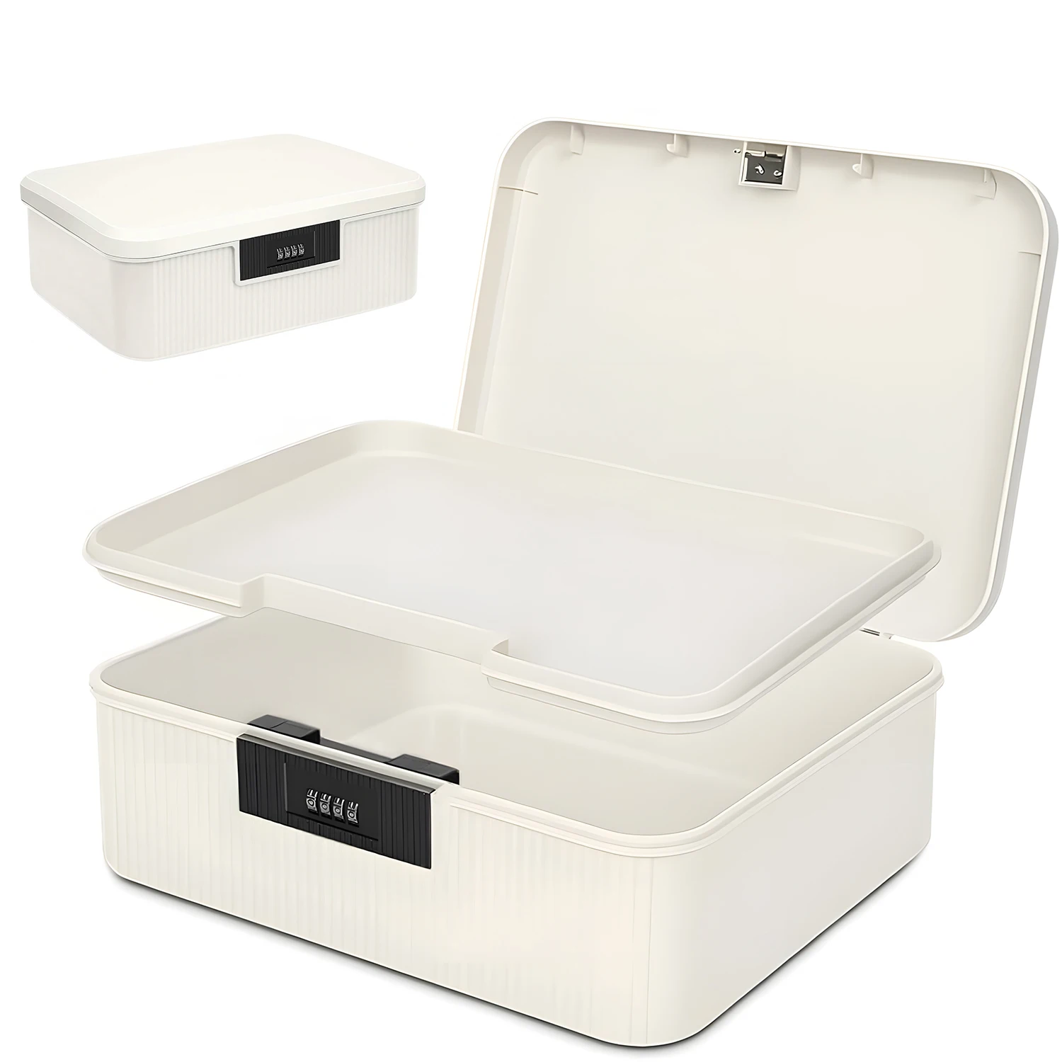 Scatola per medicinali 16L - Scatola portaoggetti a 2 livelli con serratura a combinazione, chiusura a chiave, realizzata in ABS+PET+metallo, 34,4×28,9×12,1 cm, bianca - per medicinali, caramelle e