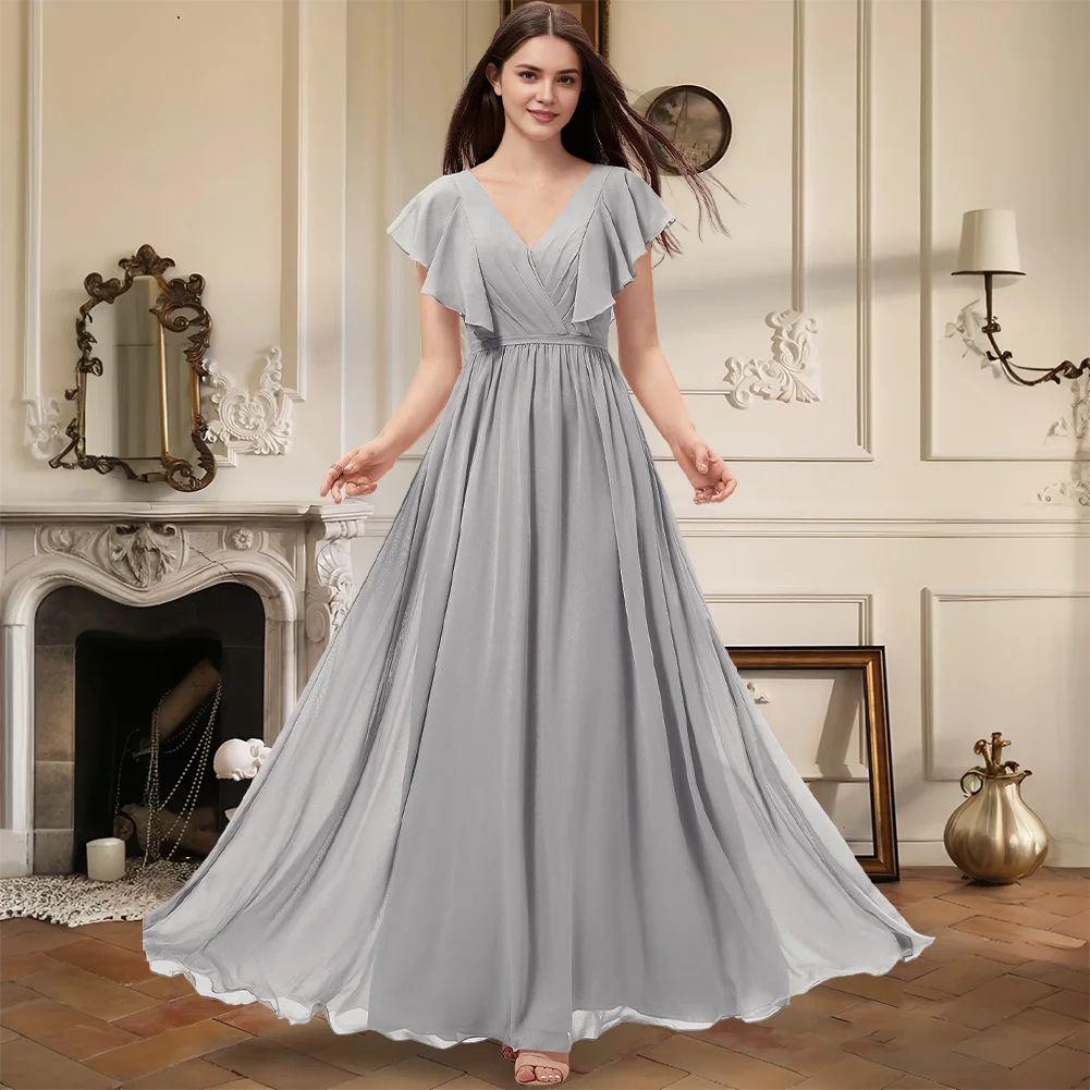 

Luxury A-Line Floor-Length Chiffon V-Neck Short Sleeve Bridesmaid Dresses with Elegant Silhouette for Wedding Party 2025
