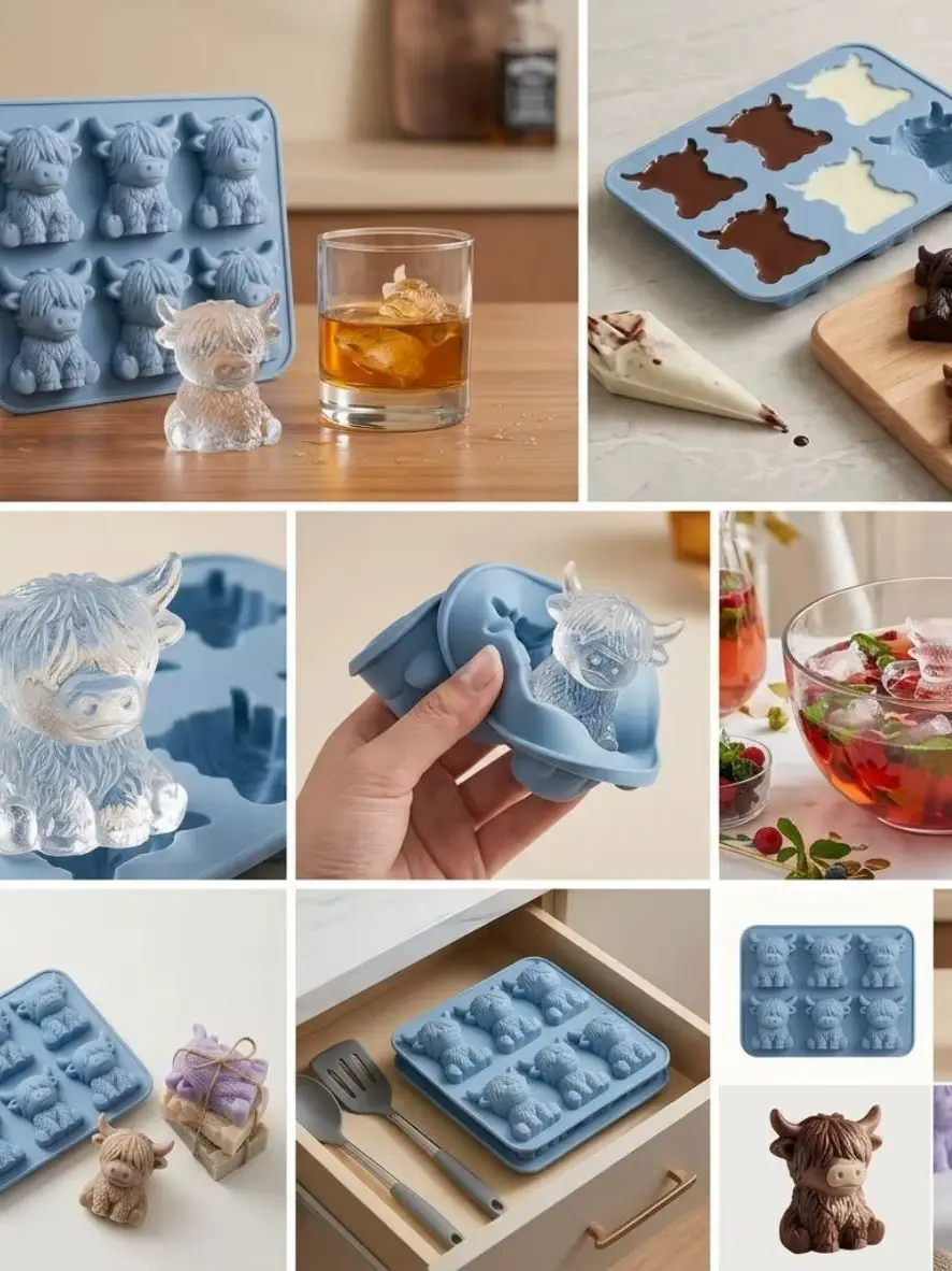 3D Highland Cow Ice Cube Mold Food Grade Silicone BPA Free Easy Release Ice Tray For Whiskey Cocktails Summer Bar Drinks Chocolate Making Kitchen Gadget