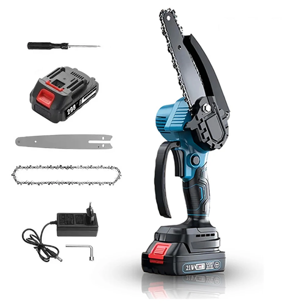 6-Zoll-Akku-Kettensäge, 21 V Lithium-Ionen, tragbare elektrische Säge, 3000 W, leistungsstarkes Schneid-Gartenschere mit Spritzschutz