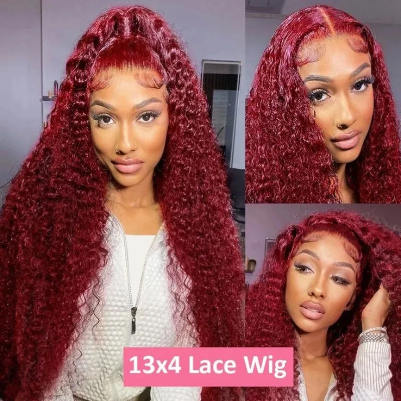 Perruque Lace Front Wig Naturelle Bouclée, Cheveux Humains, Deep Wave, Bordeaux 99J, Couleur Vin Rouge, 13x4, 13x6 HD, 30 Pouces