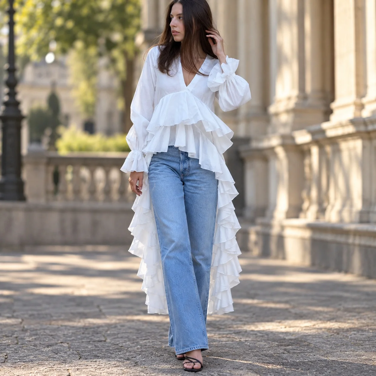 Ruffle Bell Sleeve Top Asymmetrical Elegant with Flared Sleeve Blouse Commuter Chic No Stretch T Shirts Women Elegant Blouses