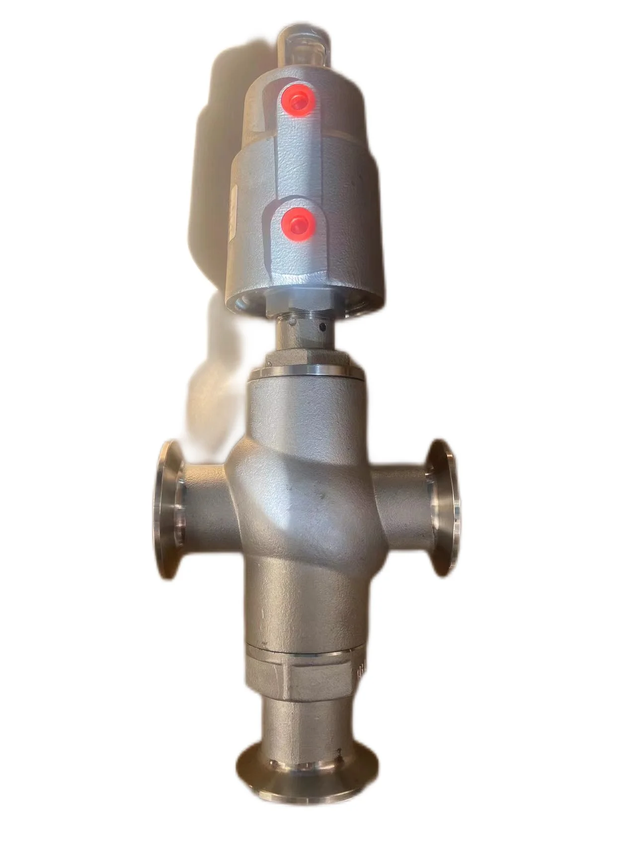 Pneumatic 3-way angle seat piston stop shut-off valve