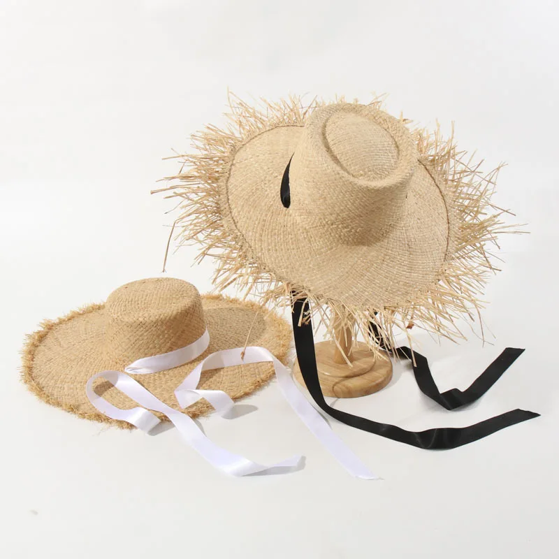 Wide Brim Raffia Hat Floppy Fringe Wide Brim Straw Hat Women Summer Hat Long ribbon Chin Rope Sun Hat Boho Vocation Beach Hat