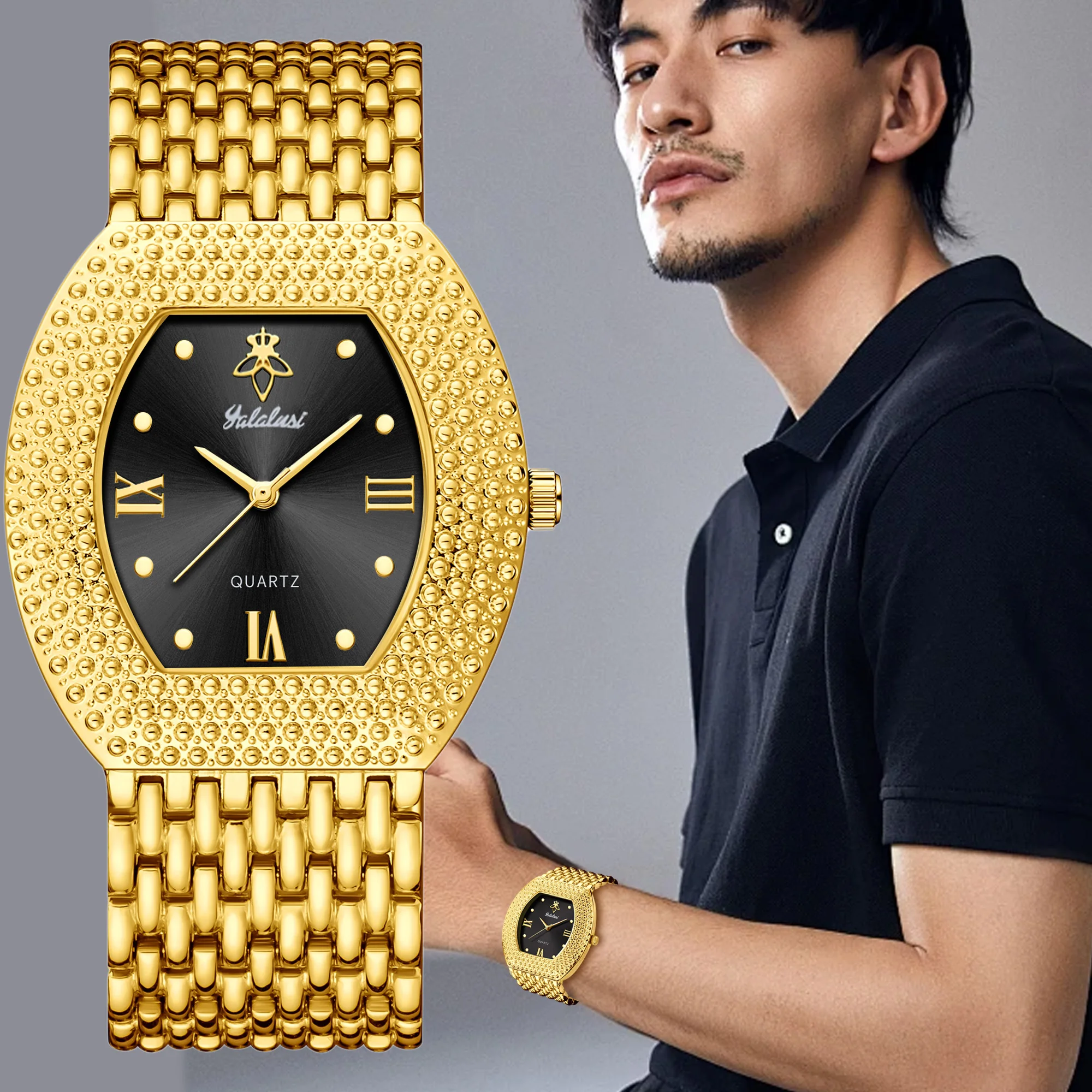 ساعة Yalalusi Brand 1 كوارتز كاجوال متعددة الاستخدامات مطلية بالذهب تتضمن صندوق هدايا وأداة ضبط الحزام وقماش تنظيف