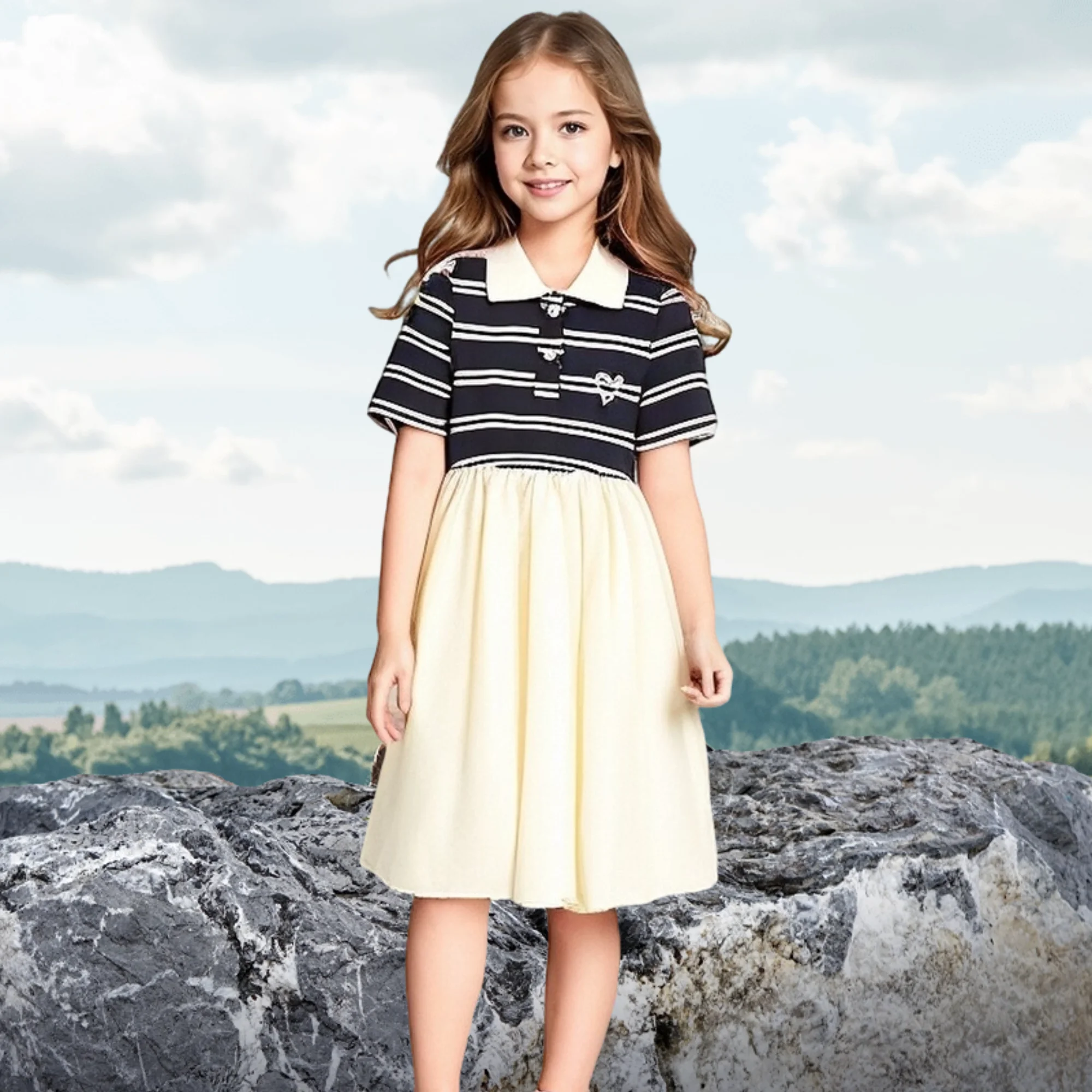 

kids Girls Casual Summer Dress Little Girl Loose Short Sleeve T-Shirt Polo Kids Cute Dresses with Heart Embroidery 5-14 Years