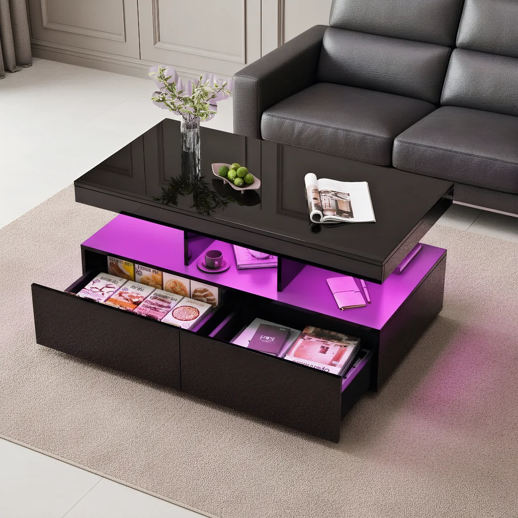 High Gloss coffee table, side table Black with LED and 2 Drawers, Modern Sofa Table with Open Shelf, 104x53x46cm