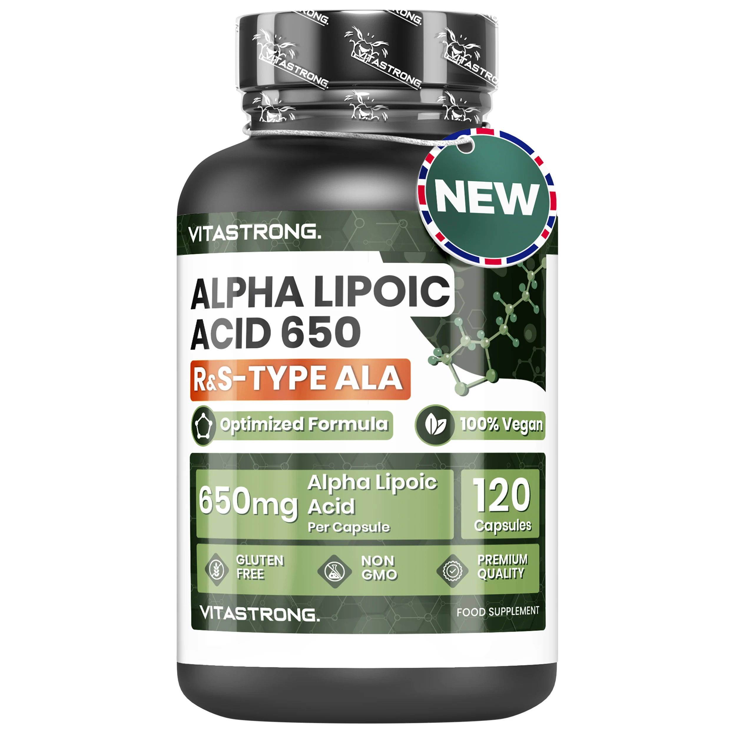 Acide alpha-lipoïque avec oxyde de zinc 650 mg, formule optimisée d'acide lipoïque de type R et S, complément ALA 100 % végétalien, 120 capsules d'acide alpha-lipoïque sans gluten et sans OGM, qualité Vitastrong