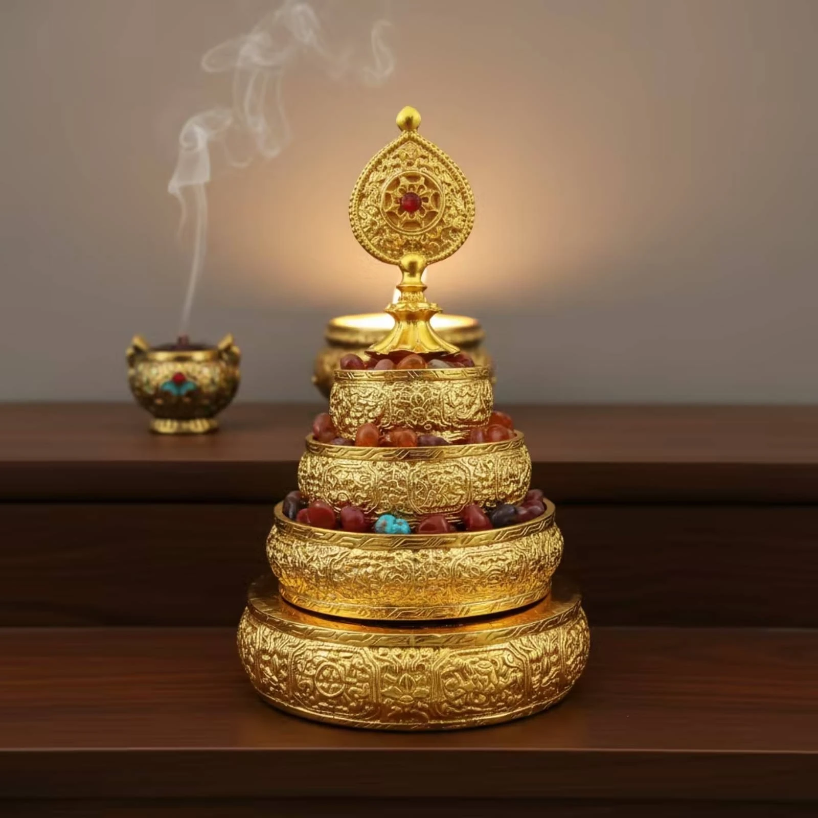 4‑Inch Alloy Mandala Offering Plate Gilded Embossed Tibetan Ritual Plate Buddhist Altar Ornament for Worship Meditation Practice