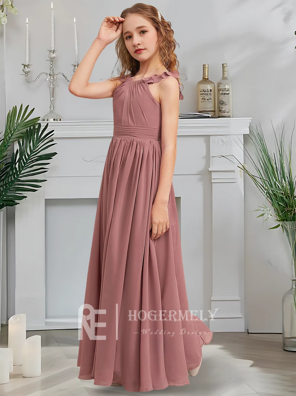 

B Ethereal A-Line Junior Bridesmaid Dress Dusk Rose Bloom Flower Girl Dress Scoop Floor-Length Chiffon Garden Gala Wedding Party