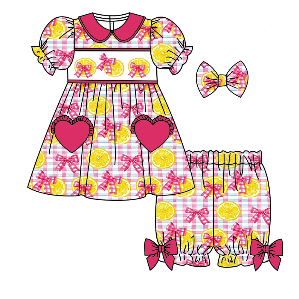 Boutique Girl's Pajama Set Lemon Strawberry Bow Print Ruffled Collar Short-Sleeved Dress and Shorts Ruffled Buttons Love Pocket