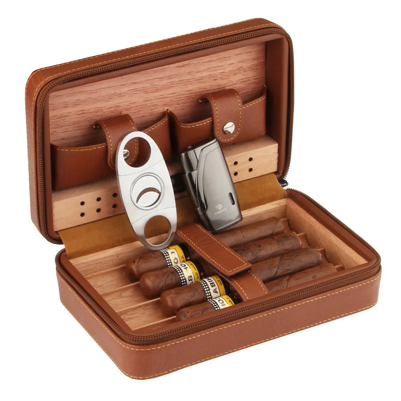 

Portable Cigar Leather Case Humidor Humidifier Set, Cedar Wood Material, Travel Bag, Sealed, Moisturizing, 4 humidors