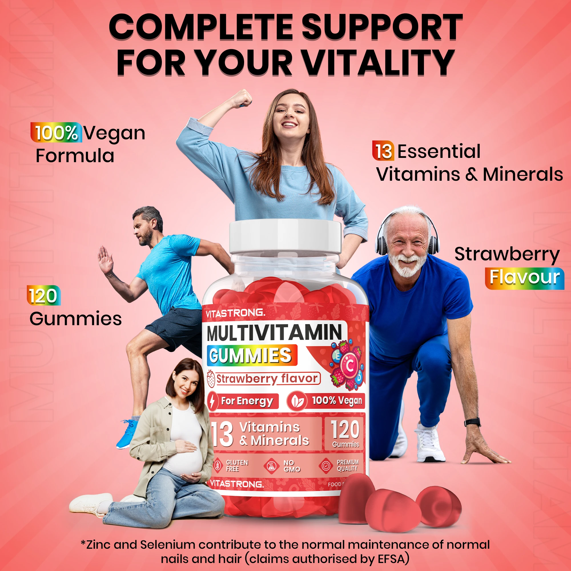 فيتامينات متعددة كاملة 120 علكة فيتاسترونج، 13 فيتامينات ومعادن، مكمل غذائي متعدد الفيتامينات معقدة للبالغين نباتيًا بدون سكروز، علكة فيتامينات متعددة مع الفيتامينات والزنك واليود والفيتامينات #2