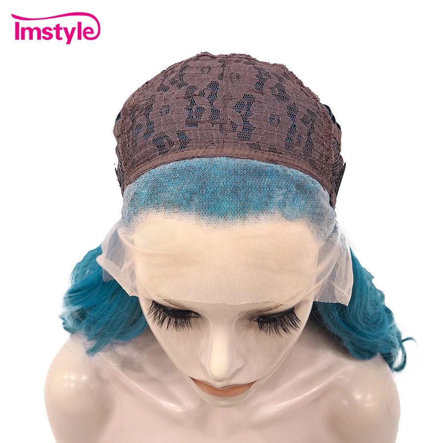 Imstyle peluca azul sintética con malla frontal para mujer, pelucas largas, fibra resistente al calor, peluca ondulada Natural, peluca de Cosplay