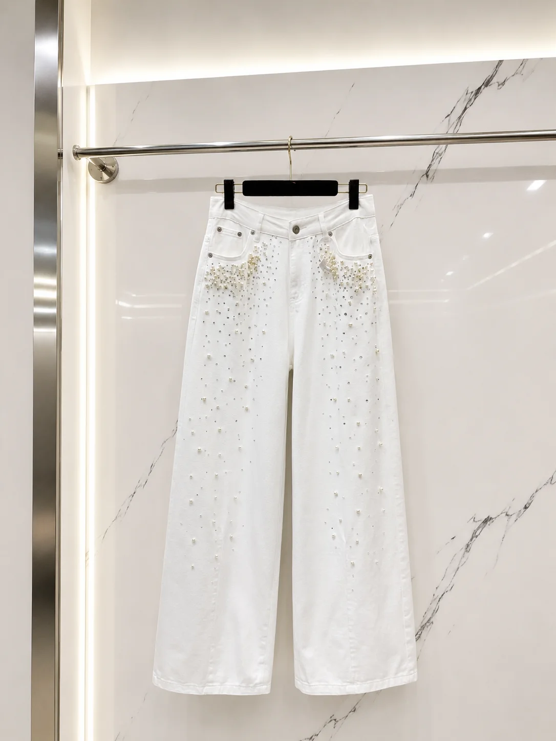 2026 Women Jeans High Waist Wide Leg Pure Cotton Denim Hand Sewn Pearl Rhinestone Gradient Embellished Relaxed Silhouette