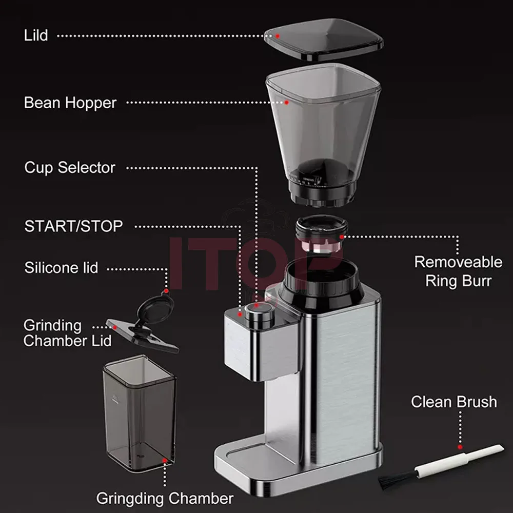 ITOP มีส่วนร่วมใน Penggiling Kopi Conical Burr SUS420กาแฟ Beginners' Choice ถอดง่ายปรับ Stepless จอแสดงผล LED และลูกบิด