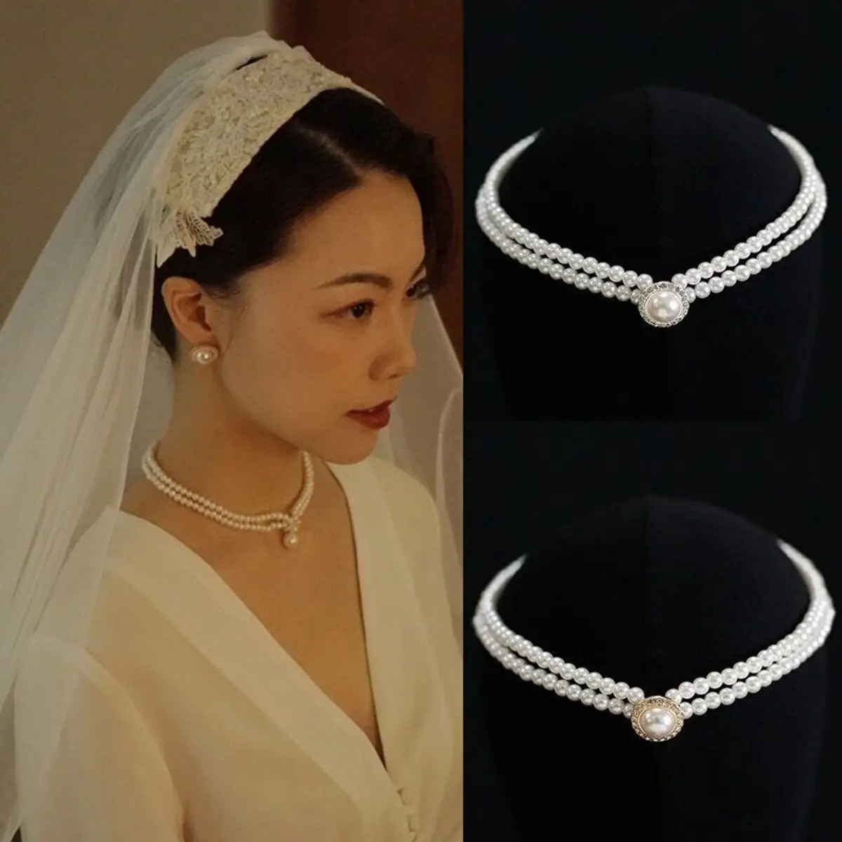 Vintage elegantes königliches Simulationsperlen-Schmuckset, minimalistisches Halsband, doppellagige Schlüsselbein-Halskette und Ohrringe, Ring für Frauen