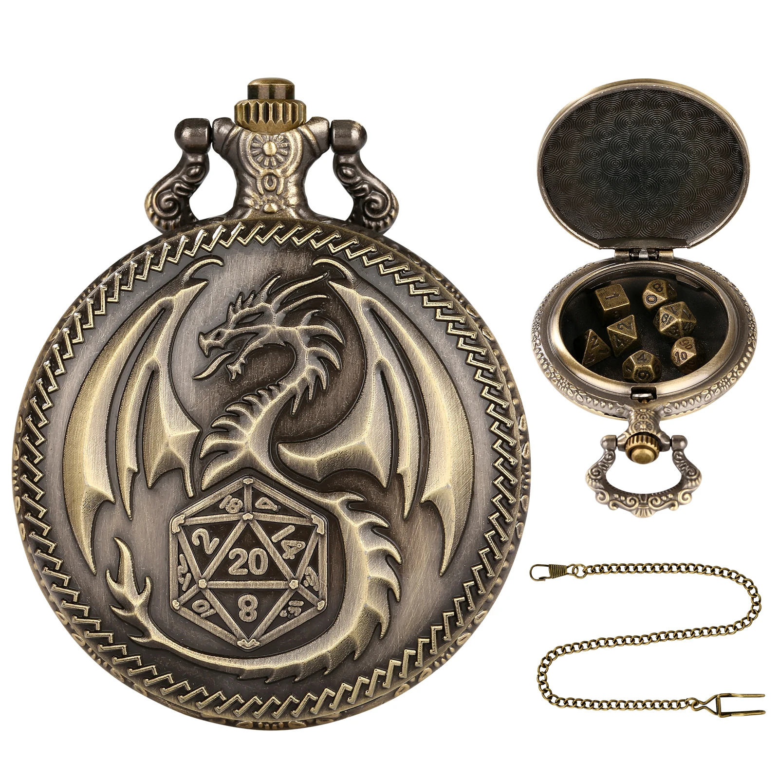 2024 New Pocket watch Dice with Mini Metal DND Dice for dnd party with 39cm chain Dragon pocket watch case DND dice Gift Pendant