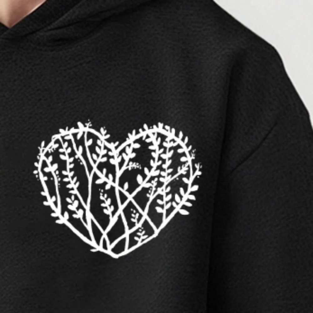 

Leafy Heart Hoodie Botanical Love Print Fall Winter Casual Loose Long Sleeved Sweet Stylish Fashionable Comfortable Cloth Tops