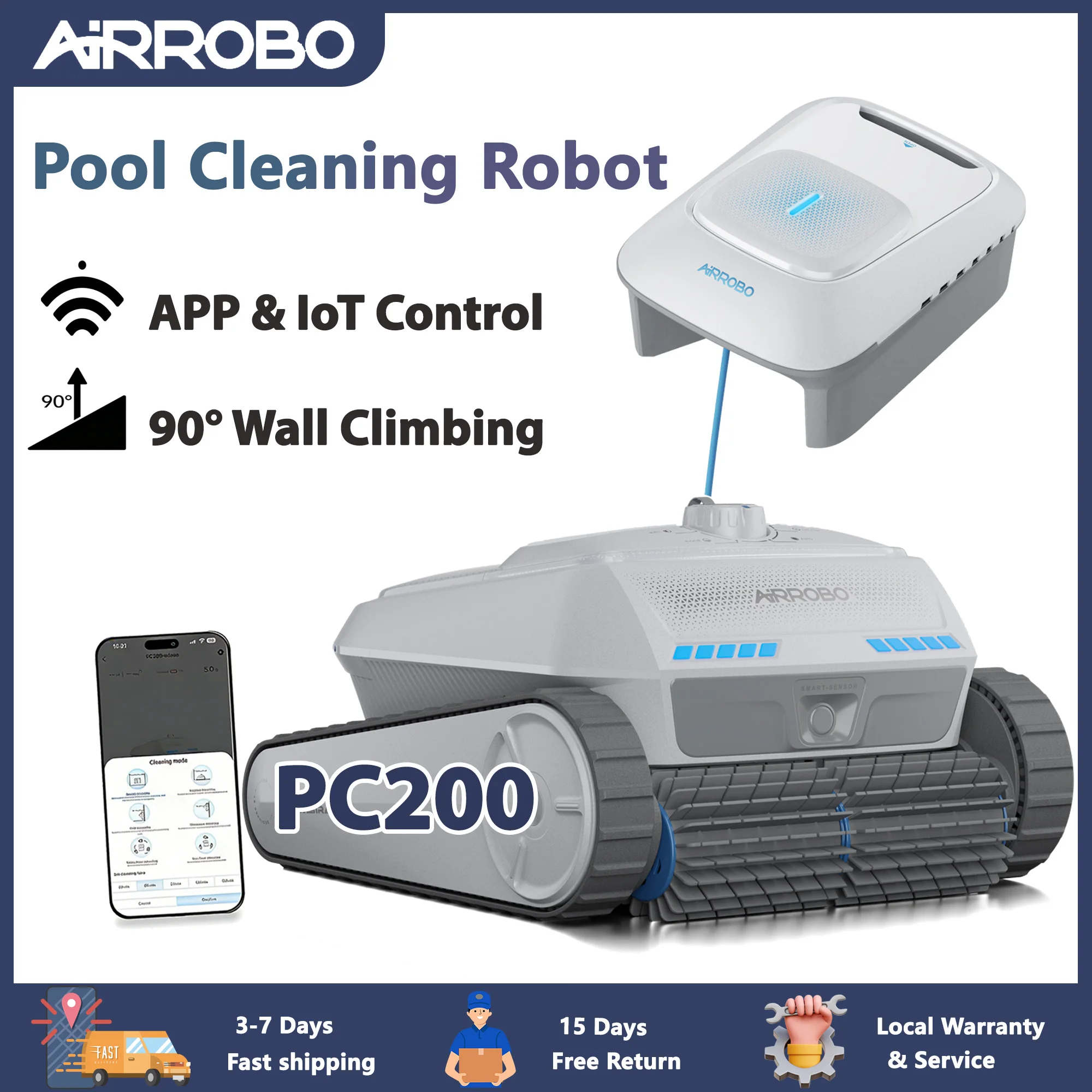 AIRROBO PC200 Robotic Pool Cleaner,APP/IOT Smart Control,90° Wall Climbing,Auto Self-Parking,Smart Navigation,for Floor Walls