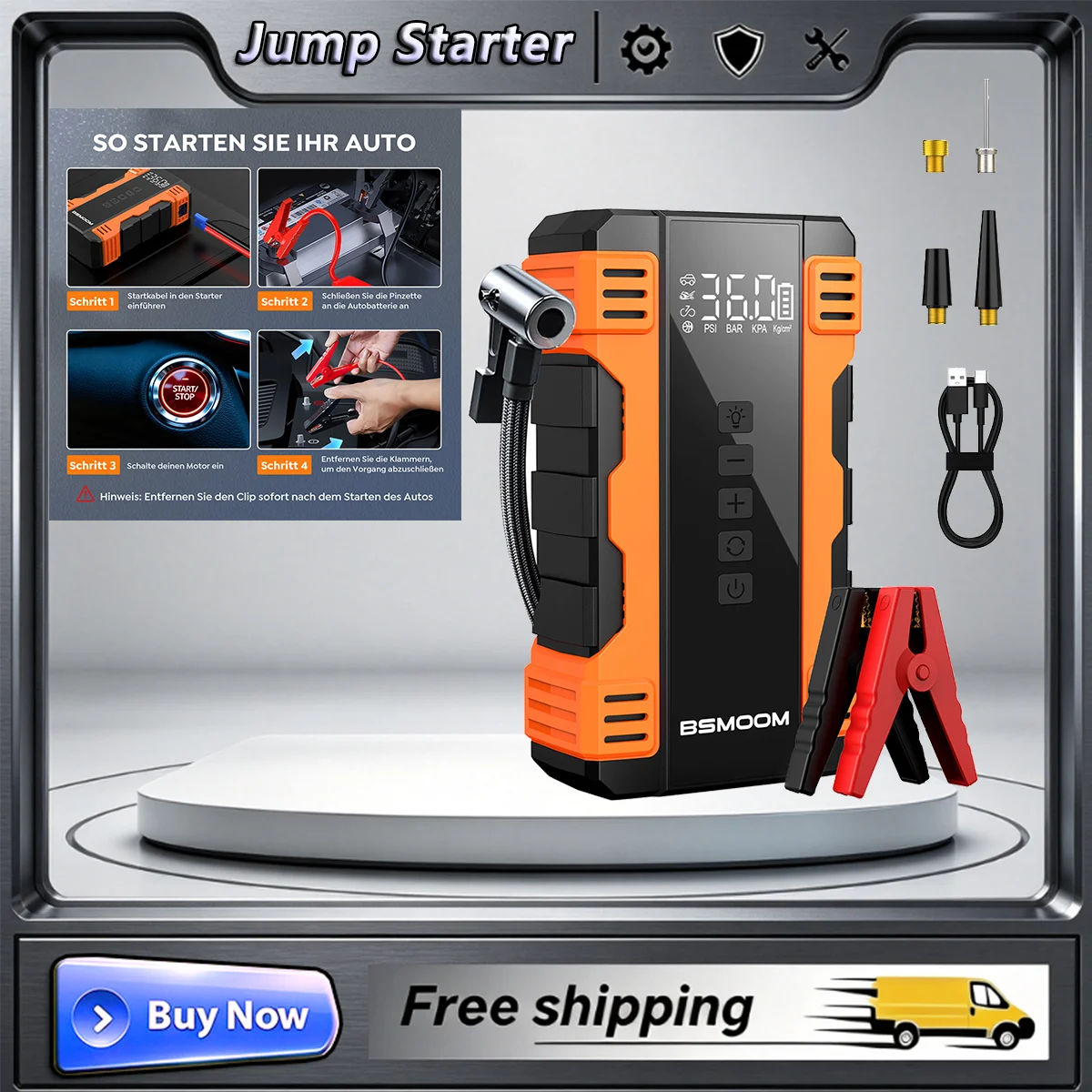 1500A Peak Car Emergency Starter 150PSI Air Compressor Digital Tyre ...