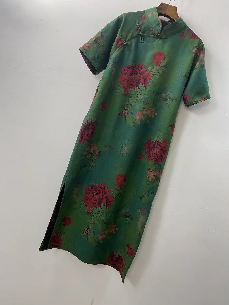 Women Improved Cheongsam Short Sleeve Chinese Buckle Design Dress Vintage Green Long Skirt