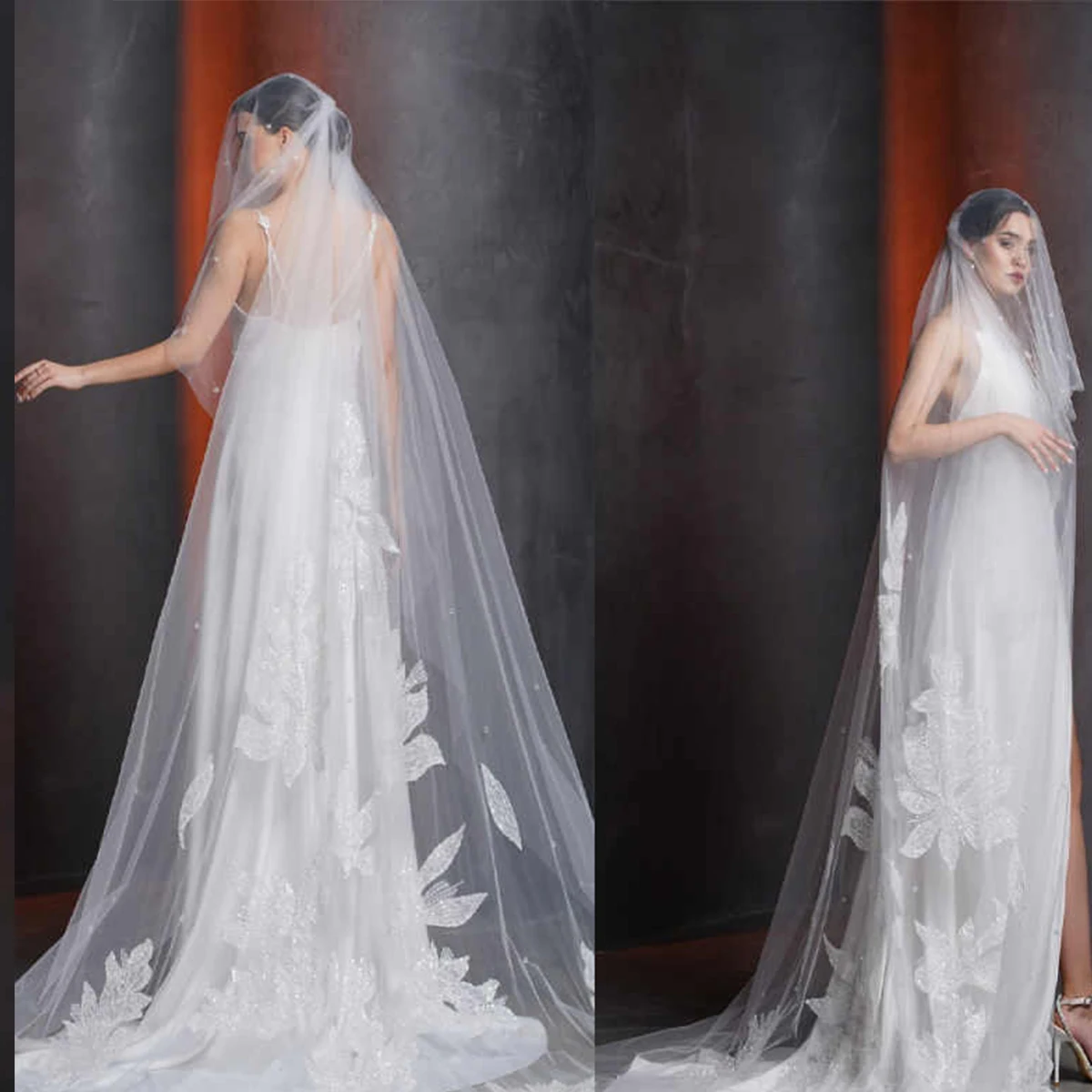 

Индивидуальная свадебная фата с кружевной отделкой, роскошная свадебная фата с аппликацией и пайетками, с расческой, купольная, однослойная