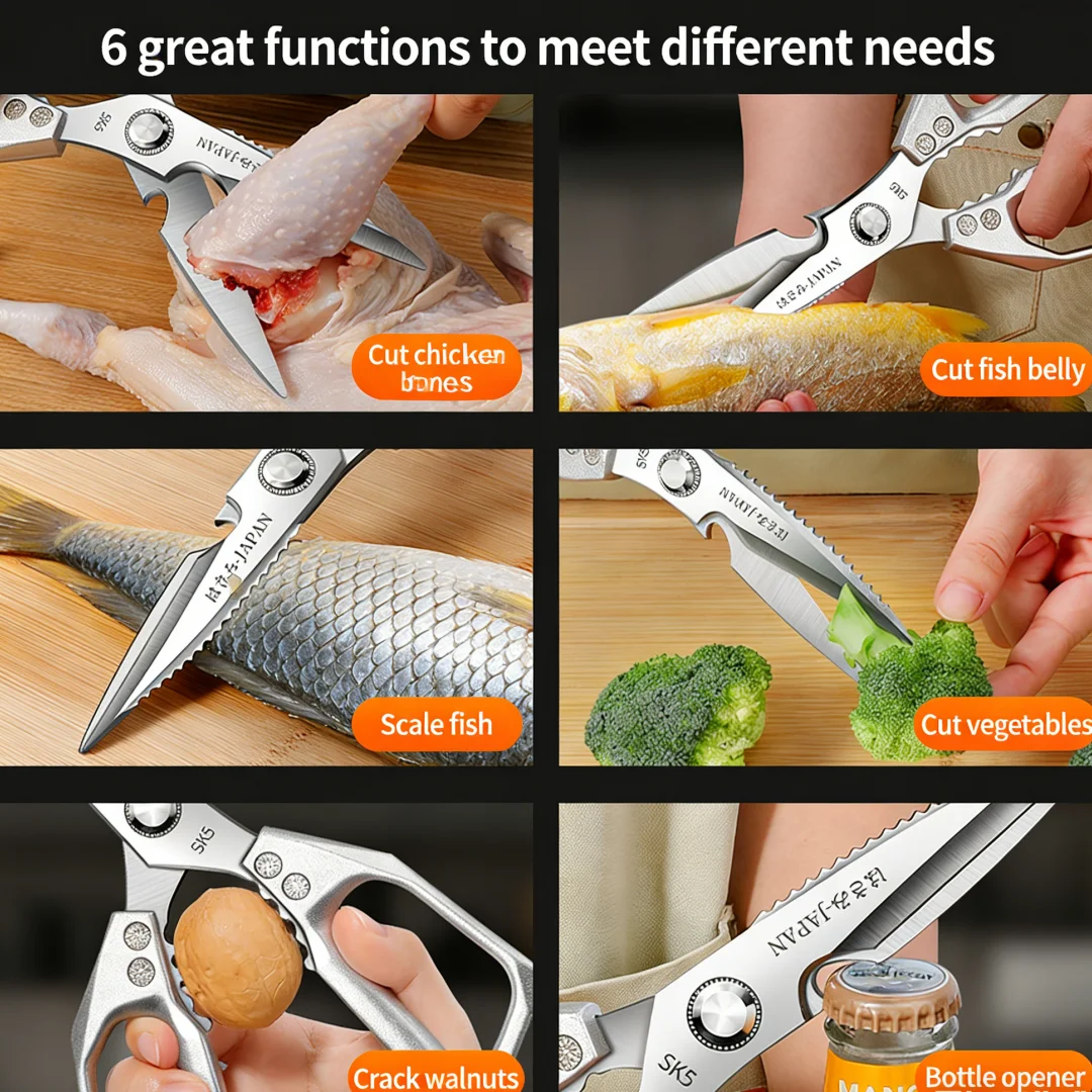 Heavy Duty Kitchen Shears, Multipurpose Stainless Steel Kitchen Scissors for Cutting Bone Meat, All-in-One with Bottle Opener Nut Cracker Fish Scaler, Aluminum Handle - Silve view 4