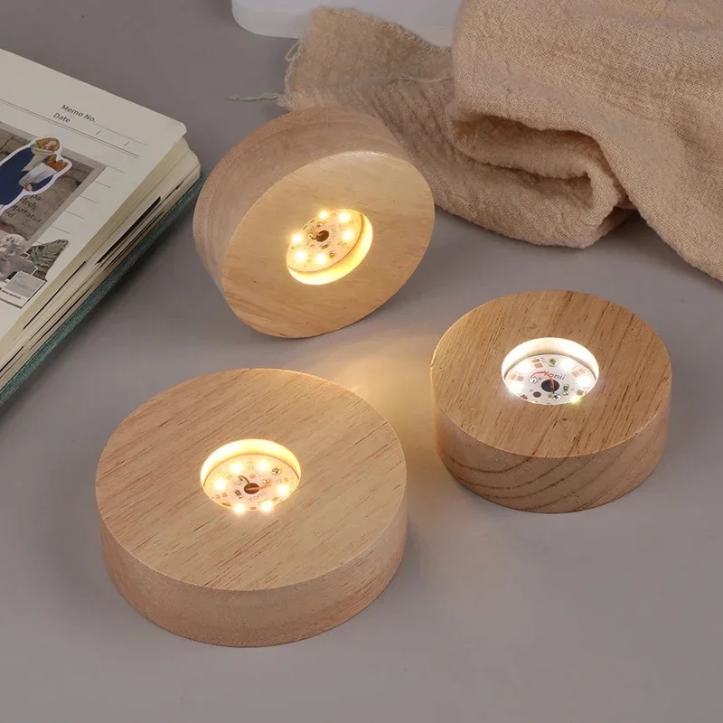 Base d'affichage de lumière LED ronde en bois à piles, 8/10cm, support de lampe de nuit capable, verre de cristal, résine, ornements artistiques