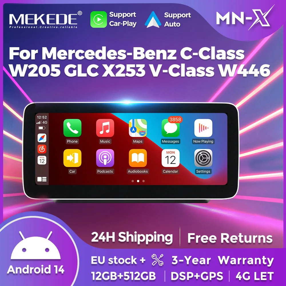 Autoradio GPS Android 14 MEKEDE 12,5 pouces 12+512 Go pour Mercedes Benz Classe C W205 GLC X253 Classe V W447 CarPlay BT DSP