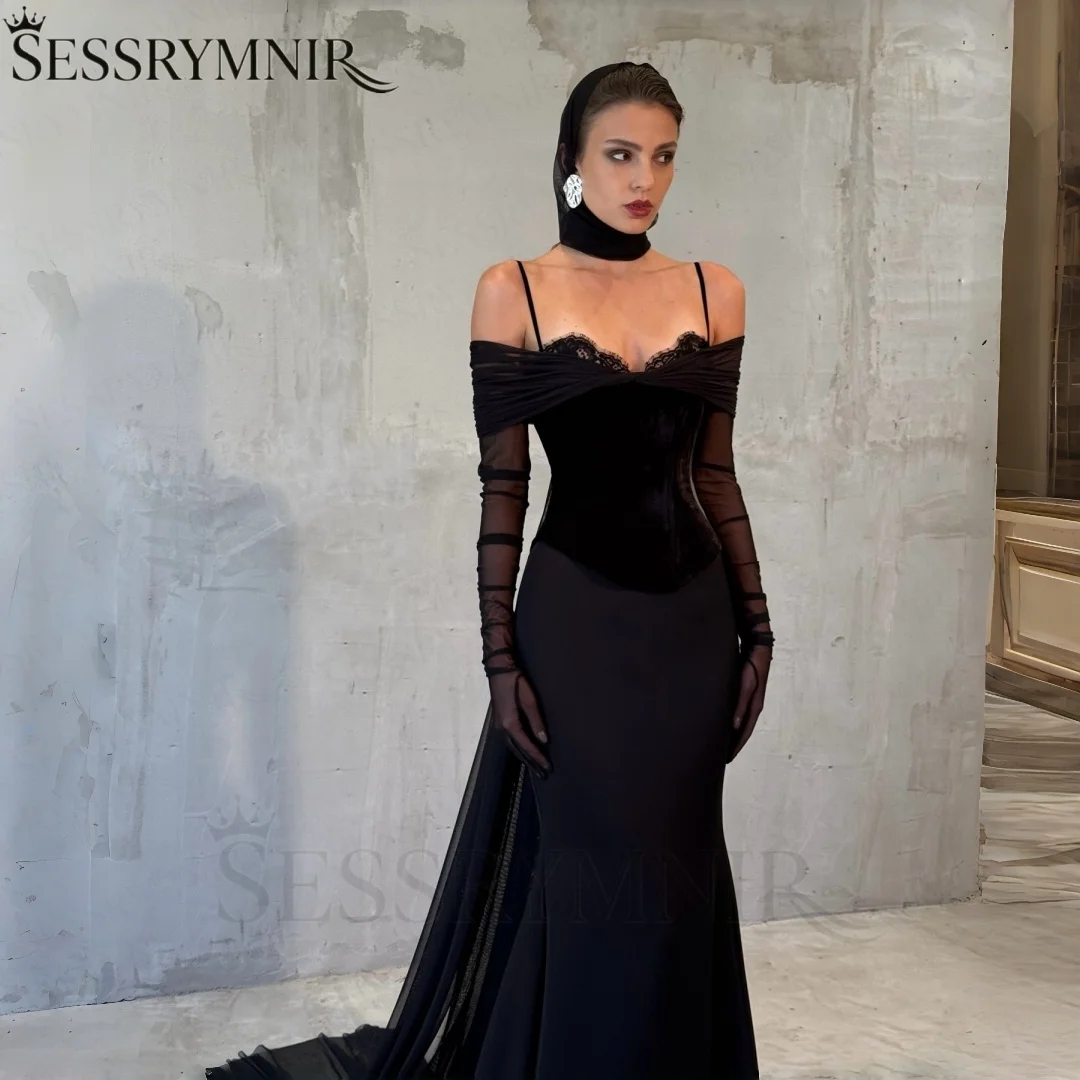 SESSRYMNIR Women'S Formal Evening Gowns Customize Off-The-Shoulder Mermaid Black Evening Dresses Sweep Train Lace Vestidos De