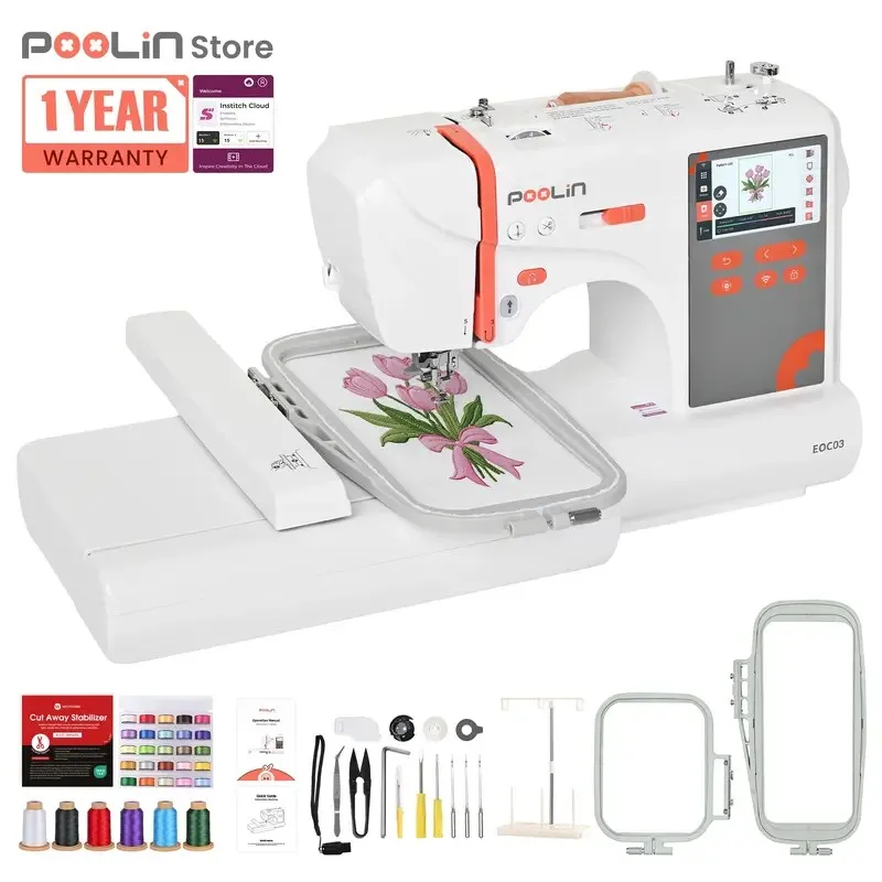 PooLin EOC03 Embroidery Machine 4x4 & 4x9.25 Embroidery Area for Beginners, Easy Operation System, 130 Built-in Designs, 8 Fonts,  Home DIY Embroidery Machine with Starter Kit