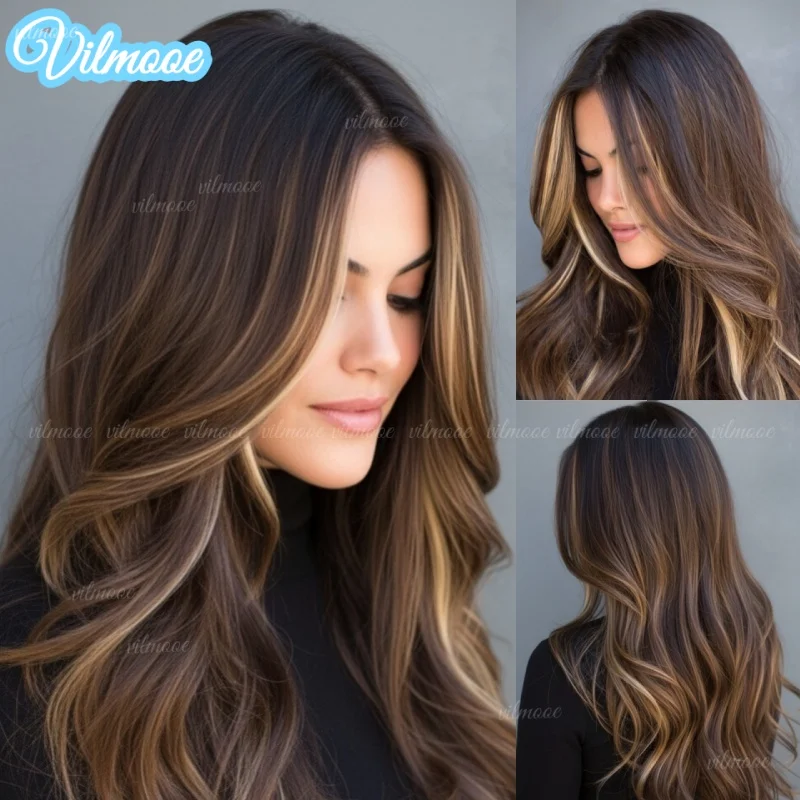 

Fashion 360 Lace Front Wig 13x4 Dark Brown Blonde Highlights Glueless Wig HD Transparent Silk Top Lace Closure Wig for Women