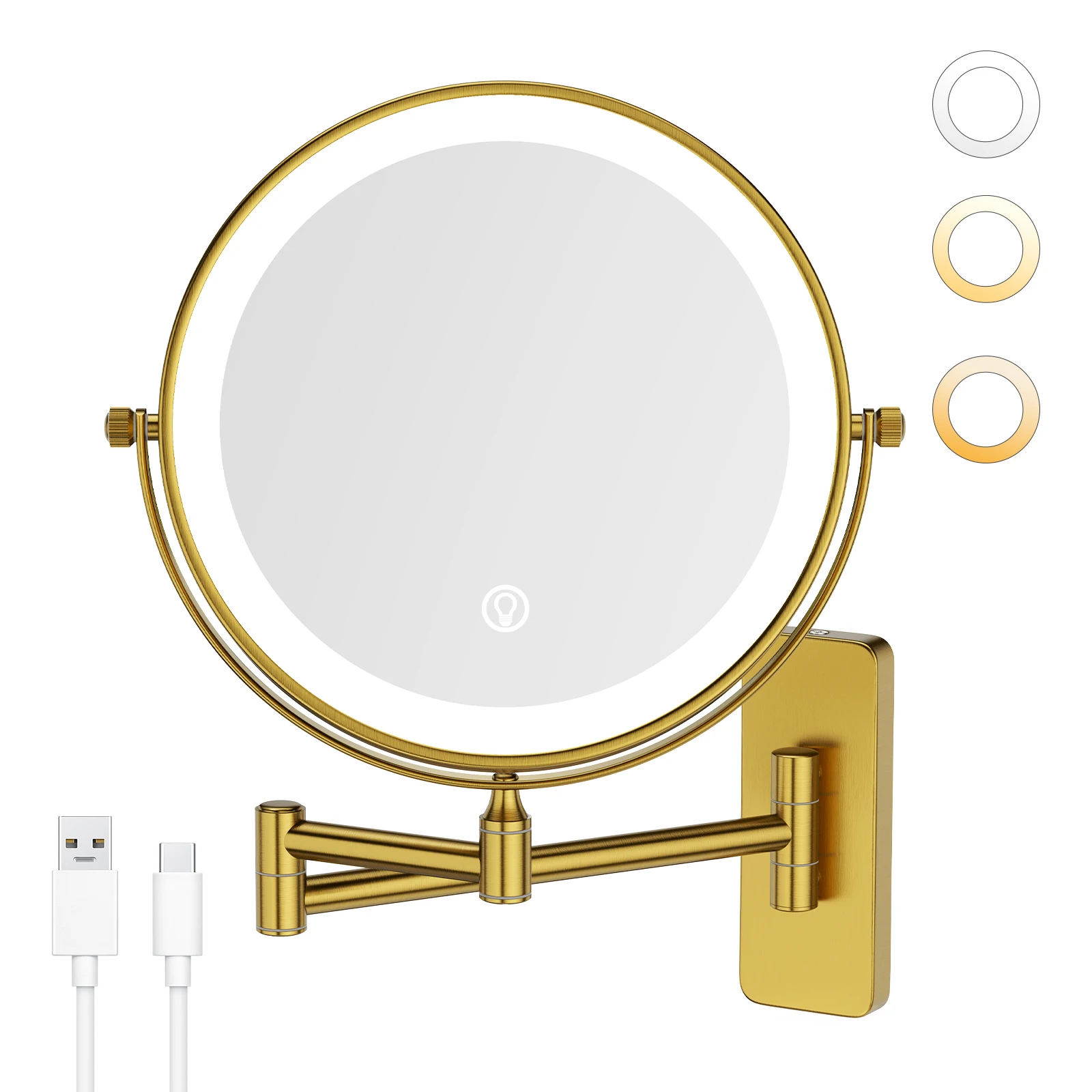 GURUN 8 Inch Wall Mounted Makeup Mirror: 10X Magnification, 3 Color Lighting, Touch Control, Rechargeable