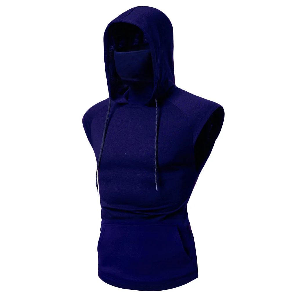 Mens Gym Thin Hoodie Long Sleeve Hoodies With Mask Sweatshirt Casual Splice Large Open-Forked Mask Hoodie Sweatshirt Hooded Tops