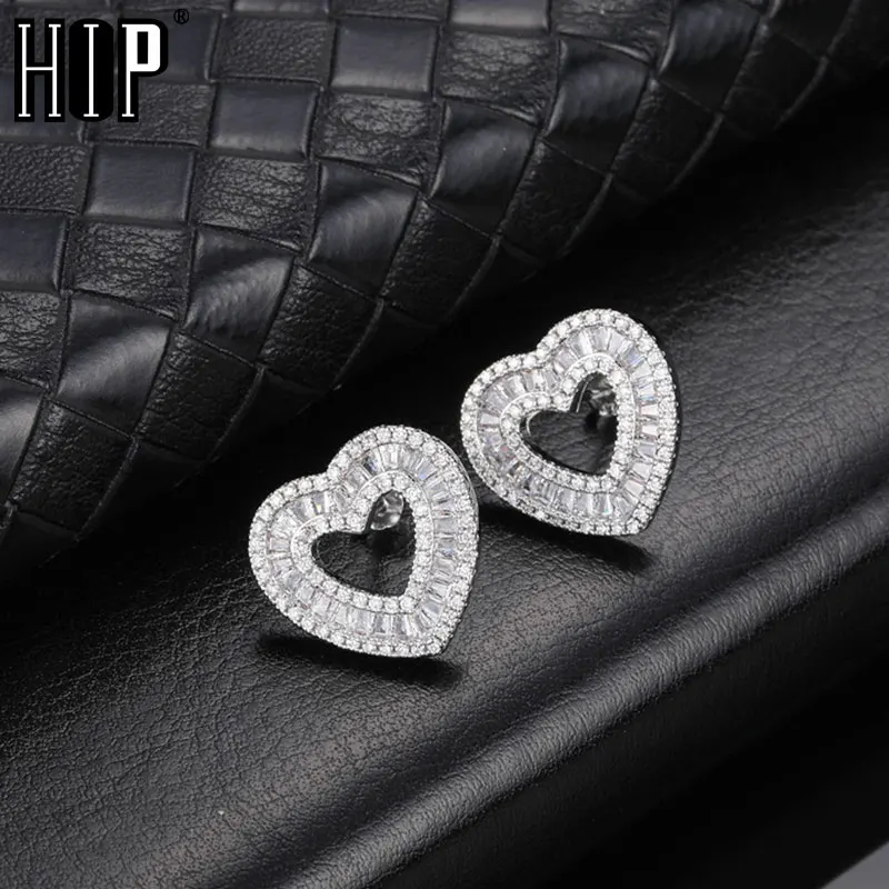 Feel Style 1 Pair Heart Baguette Earring Bling Cubic Zircon Iced Out CZ Stone Stud Earrings For Men Women Jewelry