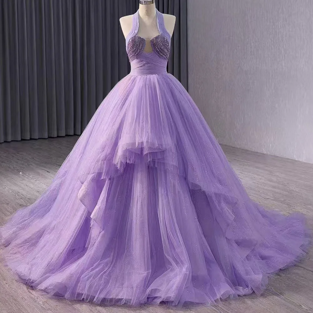 Luxury Halter Sleeveless Purple Evening Dress Lace Up Back Sequined Gown Elegant Customizable Special Occasion 2026